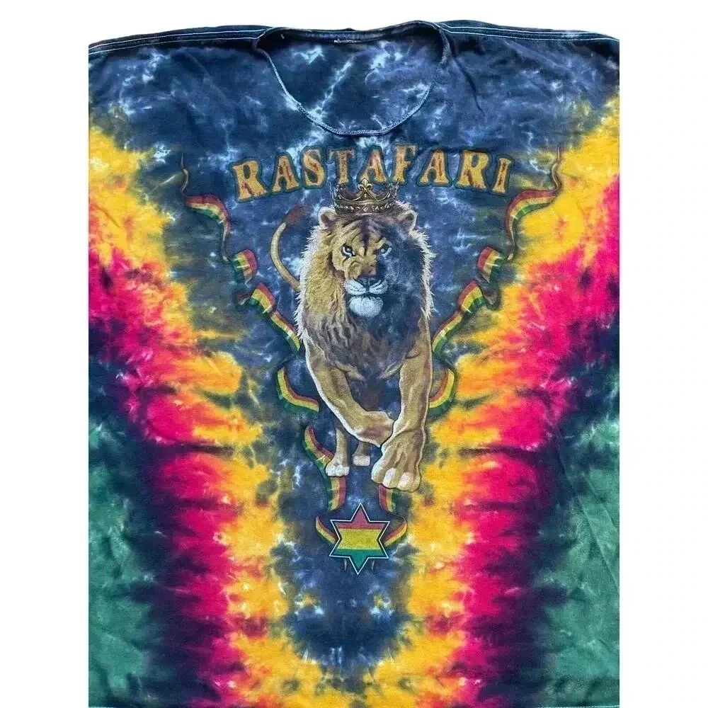 Vintage Rastafari Lion Men's Tie Dye Reggae T-Shirt Cut Collar 2XL/3XL - Picture 3 of 7